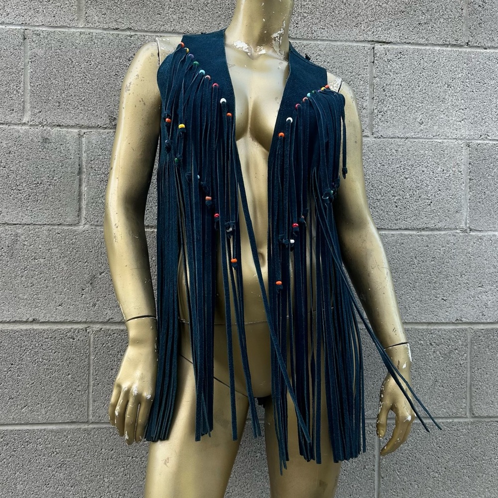 Vintage blue genuine suede leather Fringe Vest with multi-color beads
